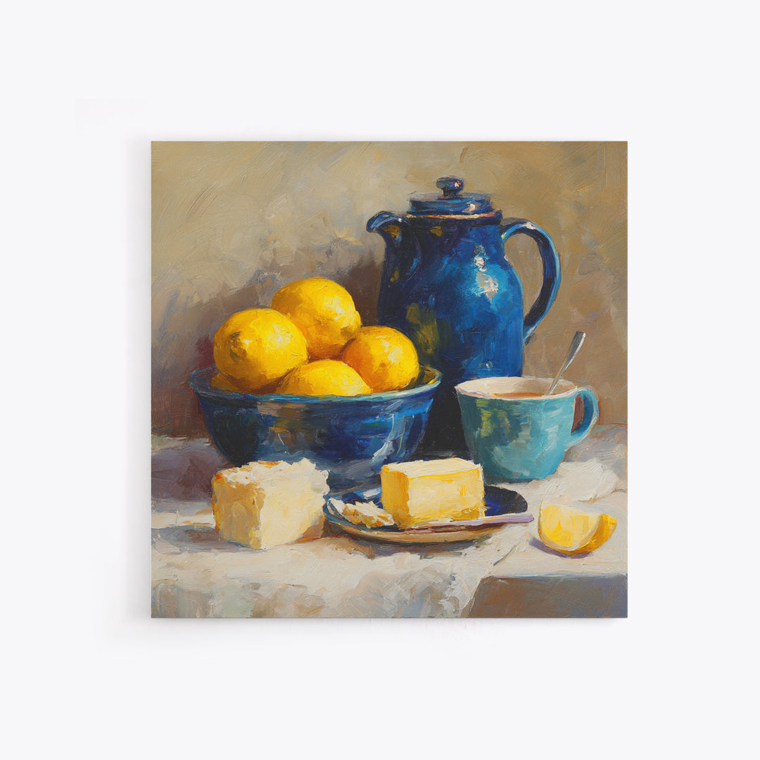 Lemons and Blue Ceramic Bowl Still Life Canvas Print, Kitchen Art, Trendy Wall Art, Kitchen Decor, Fine Art, Kitchen, KIT-1x1-50