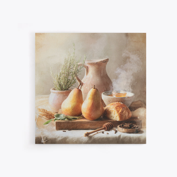 Farmhouse Pears on a Wooden Board Framed Canvas Print, Kitchen Art, Statement Artwork, Kitchen Decor, Abstract Art, Kitchen, KIT-1x1-57