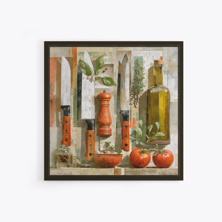 Chef Knives and Herbs Arranged as Graphic Framed Canvas Print, Kitchen Art, Kitchen Print, Kitchen Decor, Watercolor Art, KIT-1x1-58