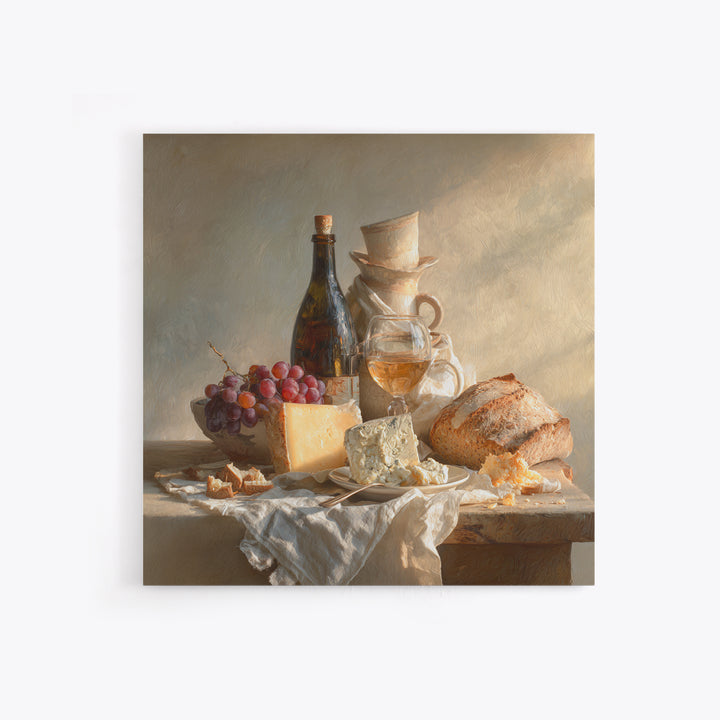 Wine Bottle Grapes and Cheese Still Life Canvas Print, Kitchen Art, Minimalist Wall Art, Kitchen Decor, Fine Art, Kitchen, KIT-1x1-60