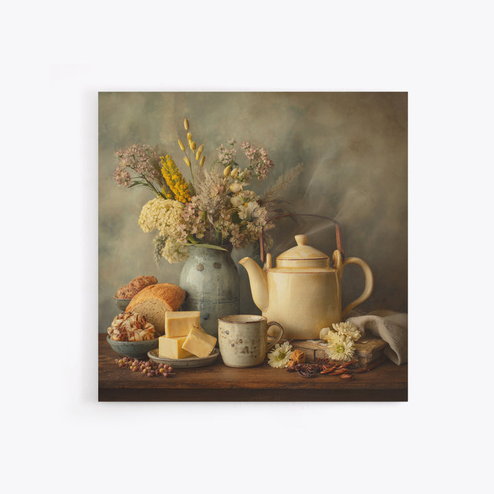 Tea Kettle with Steam and Wildflowers Framed Canvas Print, Kitchen Art, Coffee Wall Art, Kitchen Decor, Fine Art, Kitchen, KIT-1x1-62
