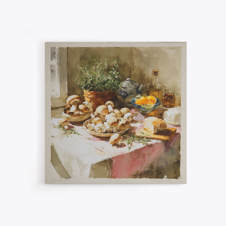 Mushrooms and Thyme Botanical Study Framed Canvas Print, Kitchen Art, Bar Cart Decor, Kitchen Decor, Oil Painting, Kitchen, KIT-1x1-63