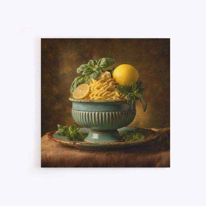 Pasta Lemons and Basil Mediterranean Still Life Framed Canvas Print, Kitchen Art, Gallery Decor, Kitchen Decor, Kitchen, KIT-1x1-65