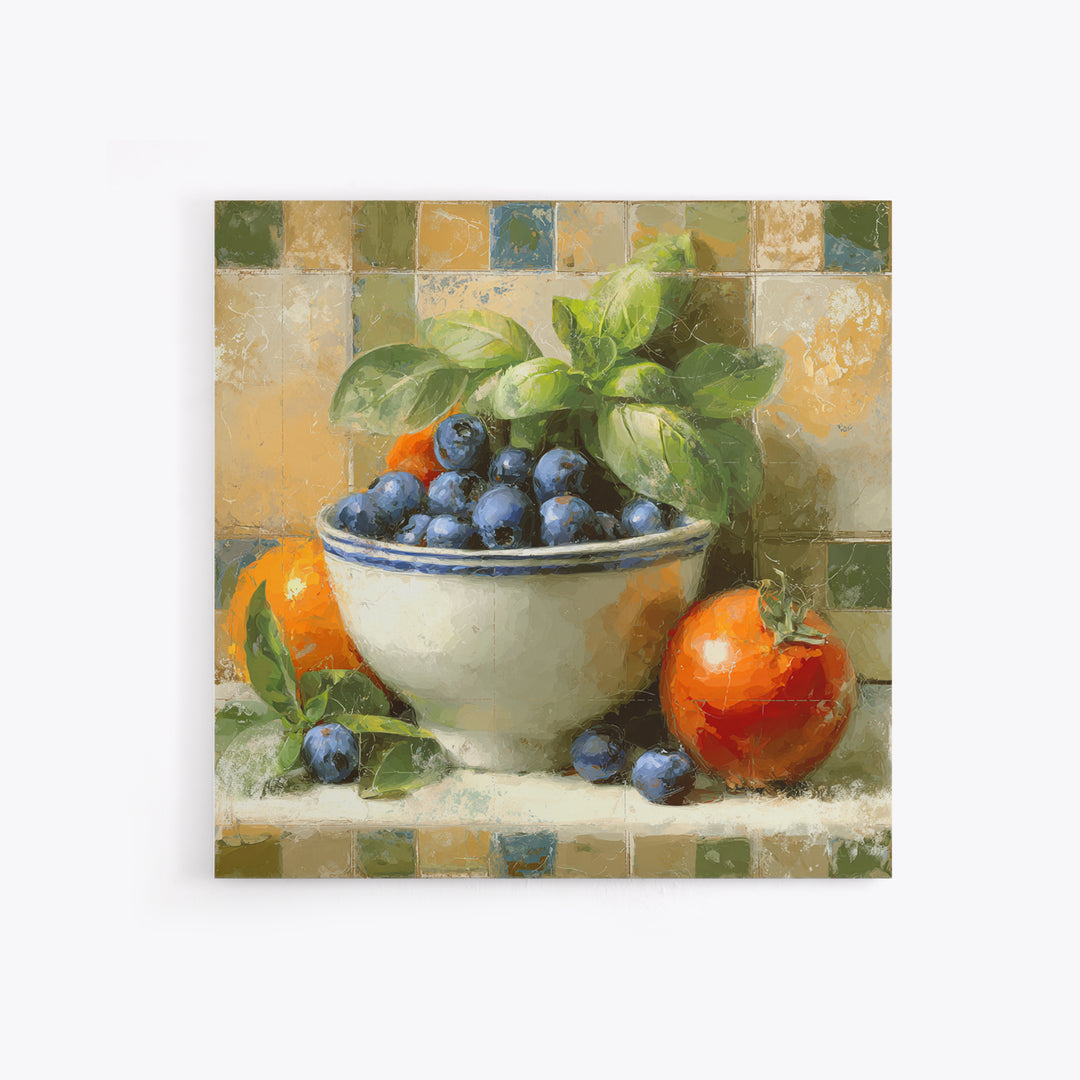 Blueberries in a White Bowl Framed Canvas Print, Kitchen Art, Gallery Decor, Kitchen Decor, Fine Art, Kitchen, Contemporary Art, KIT-1x1-67