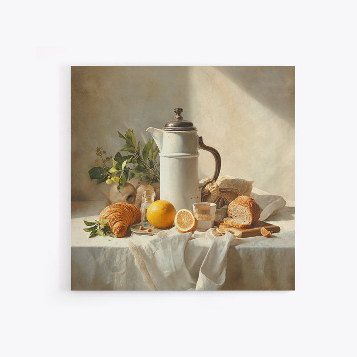 Coffee Pot and Croissant Morning Still Life Framed Canvas Print, Kitchen Art, Art Deco, Kitchen Decor, Fine Art, Kitchen, KIT-1x1-7