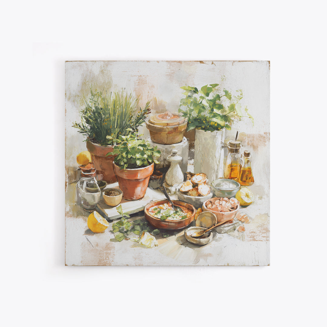 Fresh Herbs in Terracotta Pots Framed Canvas Print, Kitchen Art, Art Print, Kitchen Decor, Watercolor Art, Kitchen, Art Prints, KIT-1x1-73