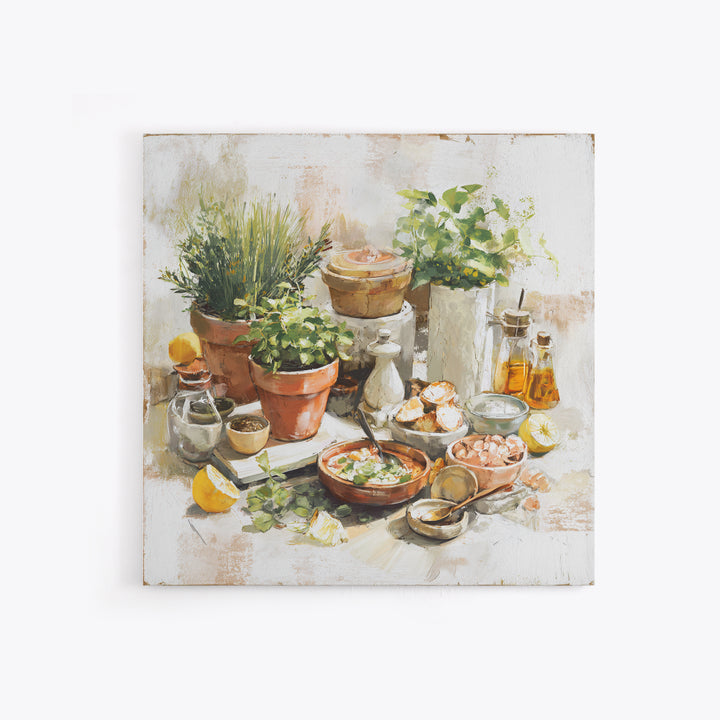 Fresh Herbs in Terracotta Pots Framed Canvas Print, Kitchen Art, Art Print, Kitchen Decor, Watercolor Art, Kitchen, Art Prints, KIT-1x1-73