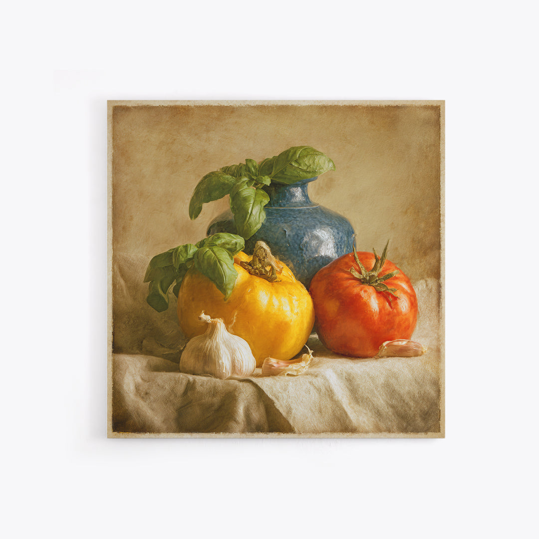 Tomatoes Garlic and Basil on Linen Canvas Print, Kitchen Art, Modern Decor, Kitchen Decor, Abstract Art, Kitchen, Home Decor, KIT-1x1-75