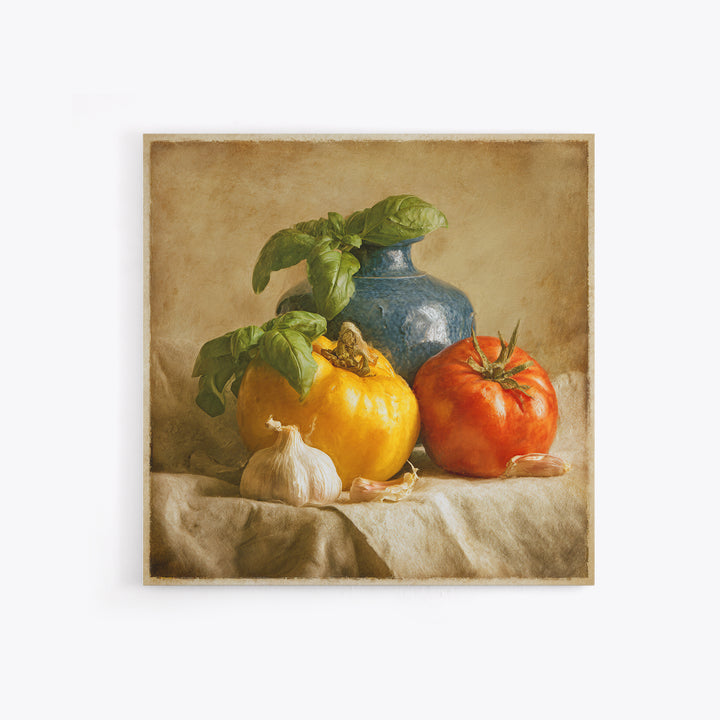 Tomatoes Garlic and Basil on Linen Canvas Print, Kitchen Art, Modern Decor, Kitchen Decor, Abstract Art, Kitchen, Home Decor, KIT-1x1-75