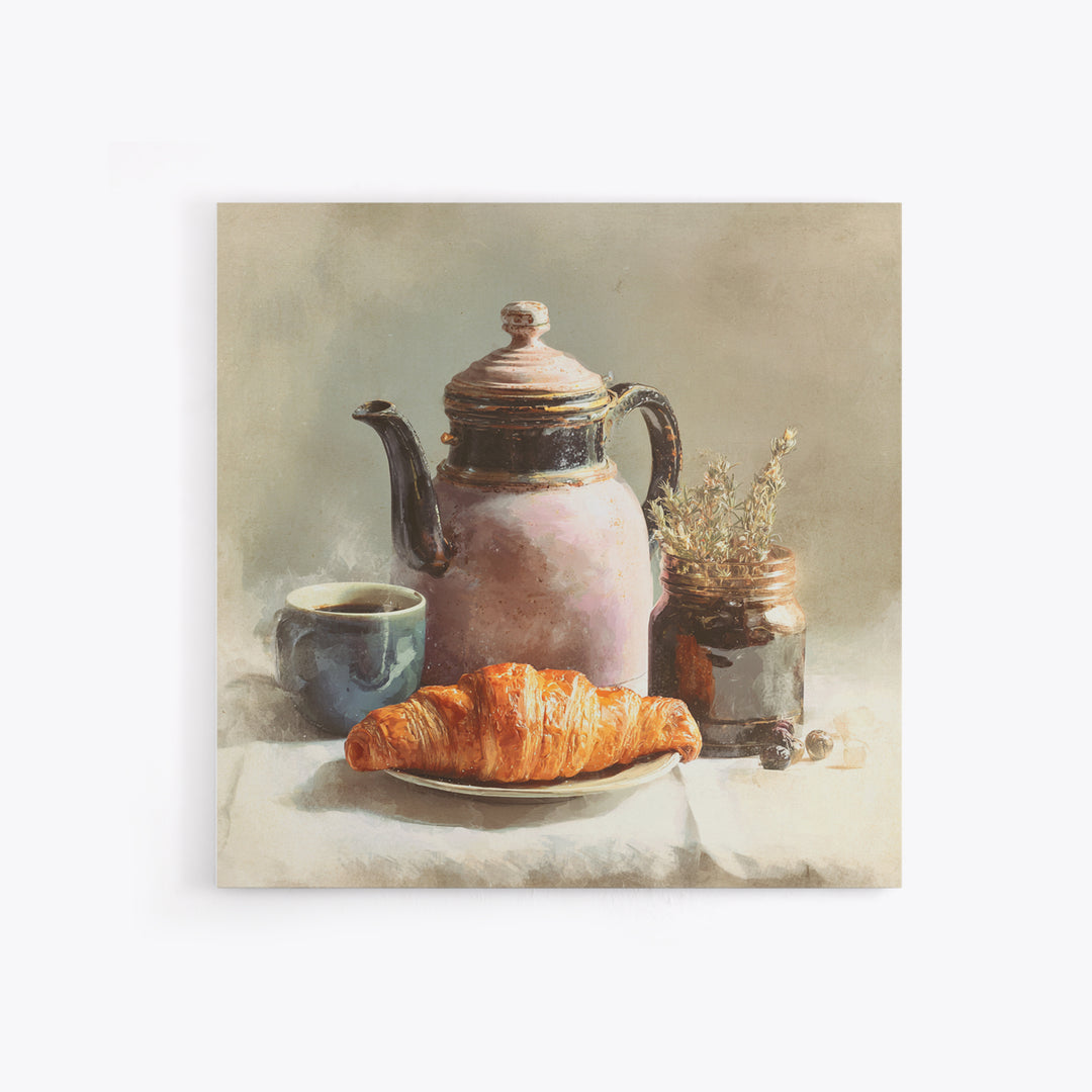 Coffee Pot and Croissant Morning Still Life Framed Canvas Print, Kitchen Art, Fine Art Print, Kitchen Decor, Oil Painting, KIT-1x1-79