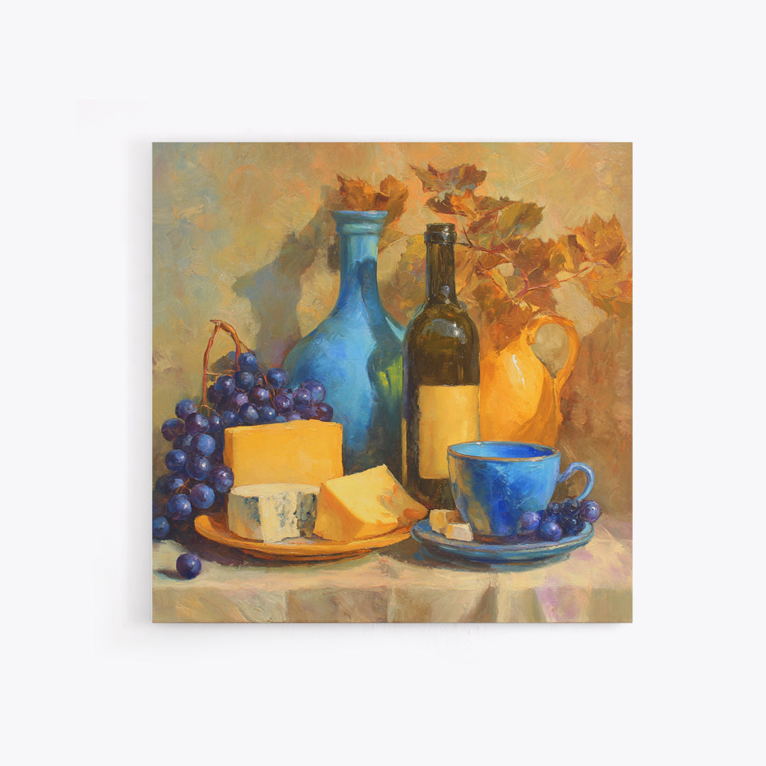 Wine Bottle Grapes and Cheese Still Life Framed Canvas Print, Kitchen Art, Kitchen Print, Kitchen Decor, Abstract Art, Kitchen, KIT-1x1-84