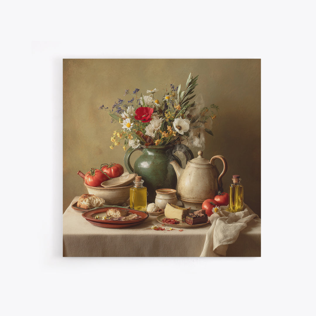 Tea Kettle with Steam and Wildflowers Canvas Print, Kitchen Art, Modern Decor, Kitchen Decor, Oil Painting, Kitchen, Home Decor, KIT-1x1-86