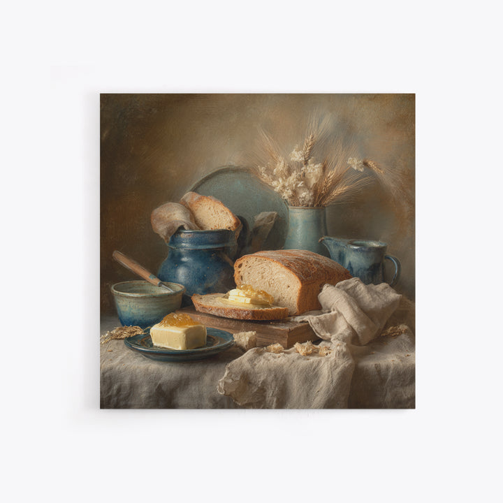 Fresh Bread with Butter and Honey Canvas Print, Kitchen Art, Coffee Print, Kitchen Decor, Fine Art, Kitchen, Textured Painting, KIT-1x1-90