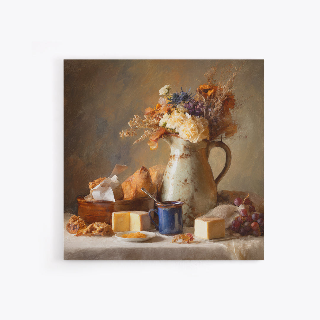 Floral Bouquet in a Kitchen Pitcher Framed Canvas Print, Kitchen Art, Wall Decor, Kitchen Decor, Kitchen, Kitchen Wall Decor, KIT-1x1-96