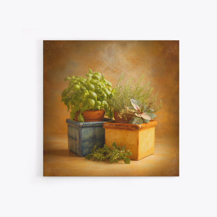 Fresh Herbs in Terracotta Pots Canvas Print, Kitchen Art, Wall Art, Kitchen Decor, Oil Painting, Kitchen, Kitchen Wall Art, KIT-1x1-97