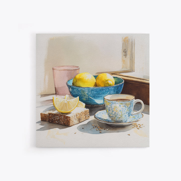 Lemons and Blue Ceramic Bowl Still Life Canvas Print, Kitchen Art, Boho Decor, Kitchen Decor, Fine Art, Kitchen, Wall Decor, KIT-1x1-98