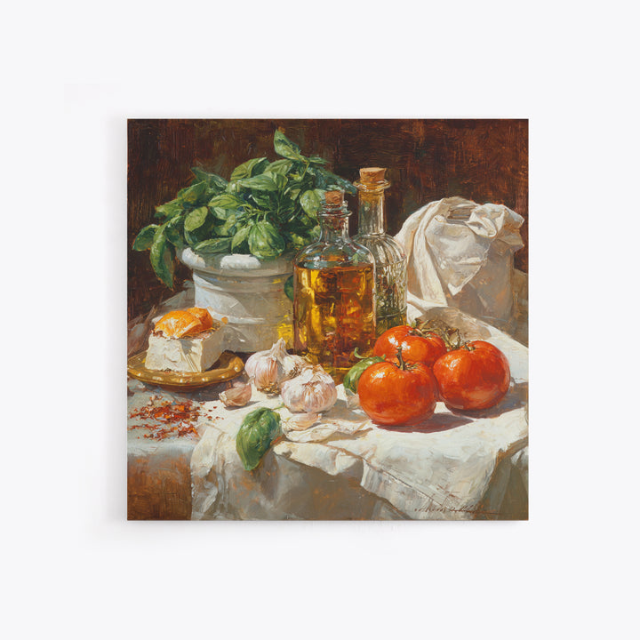 Tomatoes Garlic and Basil on Linen Canvas Print, Kitchen Art, Wall Art, Kitchen Decor, Fine Art, Kitchen, Kitchen Wall Art, KIT-1x1-99