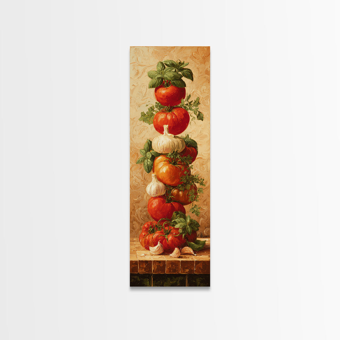 Tomatoes Garlic and Basil on Linen Framed Canvas Print, Kitchen Art, Home Decor, Kitchen Decor, Fine Art, Kitchen, KIT-1x3-15