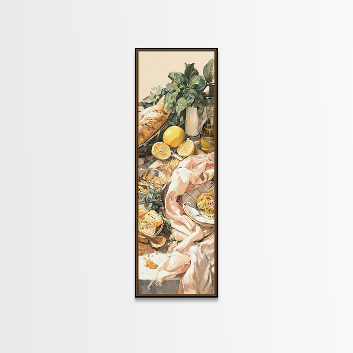 Pasta Lemons and Basil Mediterranean Still Life Framed Canvas Print, Kitchen Art, Modern Decor, Kitchen Decor, Kitchen, KIT-1x3-29