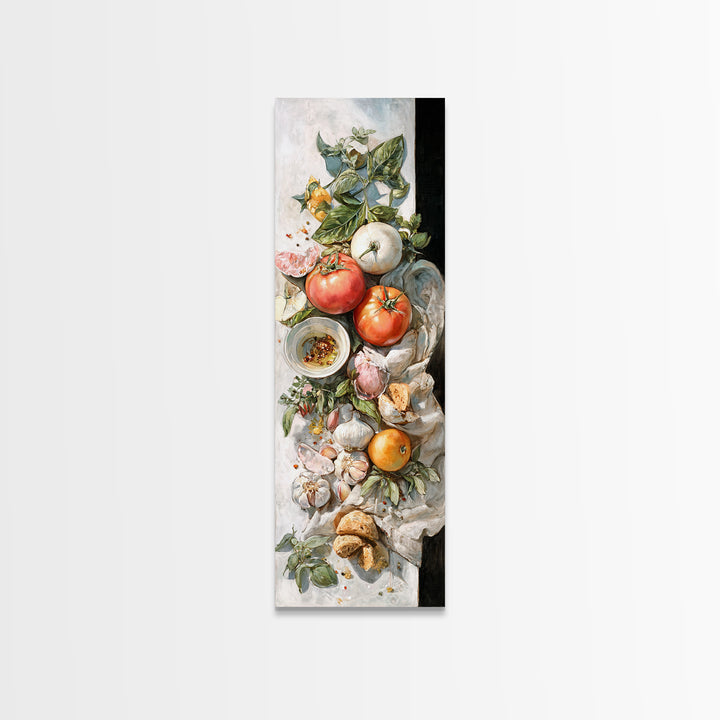 Tomatoes Garlic and Basil on Linen Canvas Print, Kitchen Art, Art Prints, Kitchen Decor, Fine Art, Kitchen, Modern Art, KIT-1x3-39