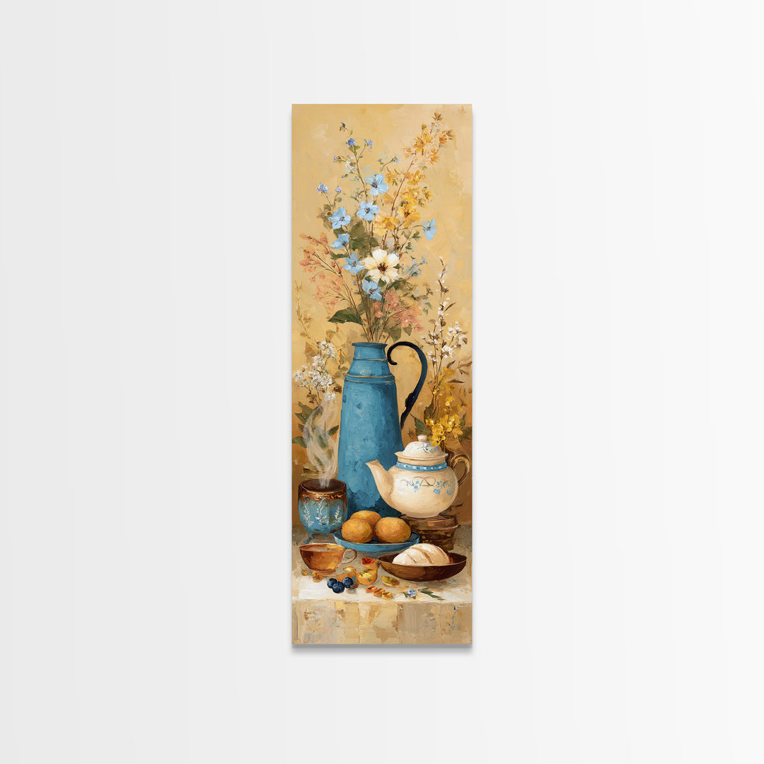 Tea Kettle with Steam and Wildflowers Framed Canvas Print, Kitchen Art, Kitchen Art Print, Kitchen Decor, Watercolor Art, KIT-1x3-50