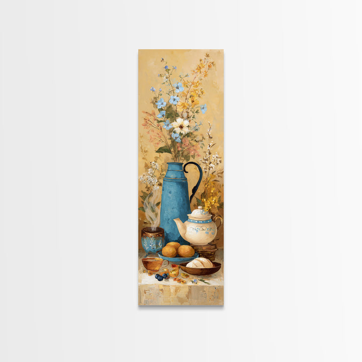Tea Kettle with Steam and Wildflowers Framed Canvas Print, Kitchen Art, Kitchen Art Print, Kitchen Decor, Watercolor Art, KIT-1x3-50