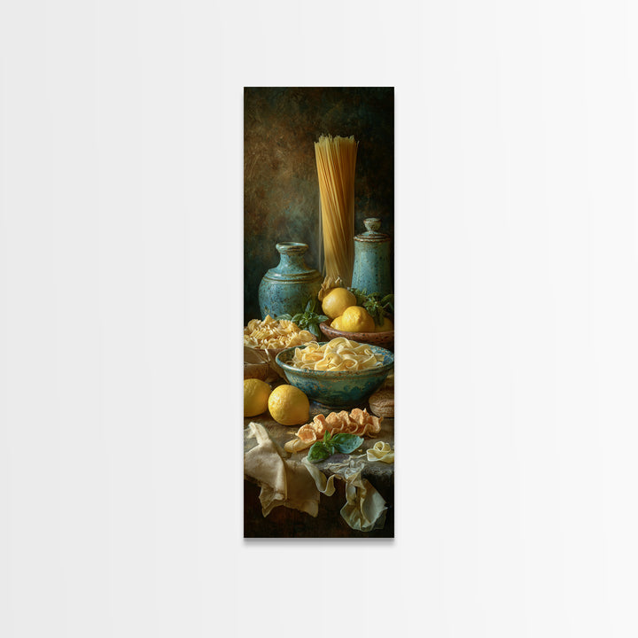 Pasta Lemons and Basil Mediterranean Still Life Framed Canvas Print, Kitchen Art, Modern Decor, Kitchen Decor, Kitchen, KIT-1x3-53