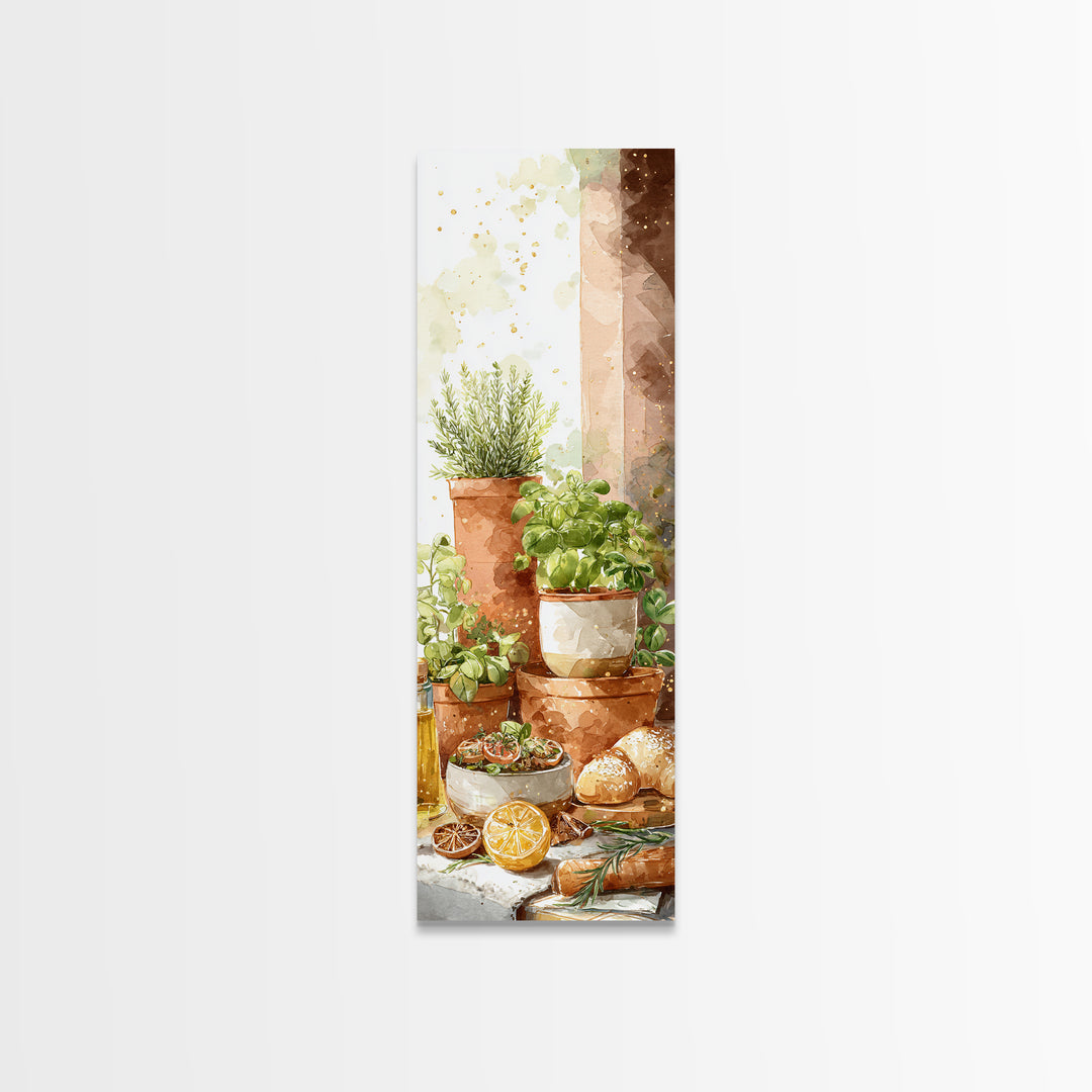 Fresh Herbs in Terracotta Pots Framed Canvas Print, Kitchen Art, Textured Painting, Kitchen Decor, Fine Art, Kitchen, KIT-1x3-61