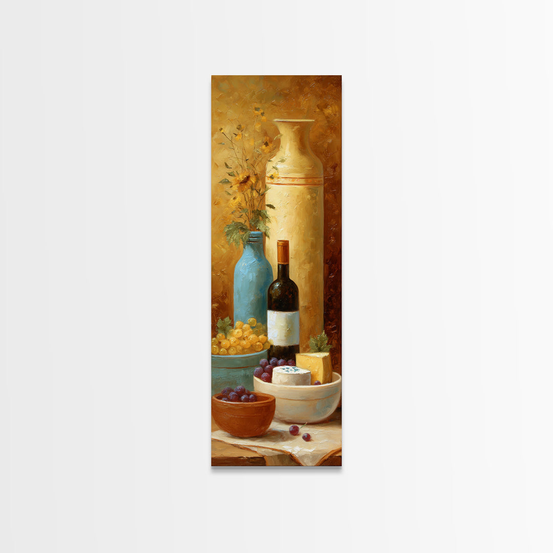 Wine Bottle Grapes and Cheese Still Life Canvas Print, Kitchen Art, Kitchen Decor, Fine Art, Kitchen, Trendy Wall Art, KIT-1x3-72