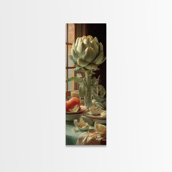 Artichoke Closeup in Painterly Green Tones Framed Canvas Print, Kitchen Art, Statement Artwork, Kitchen Decor, Kitchen, KIT-1x3-8