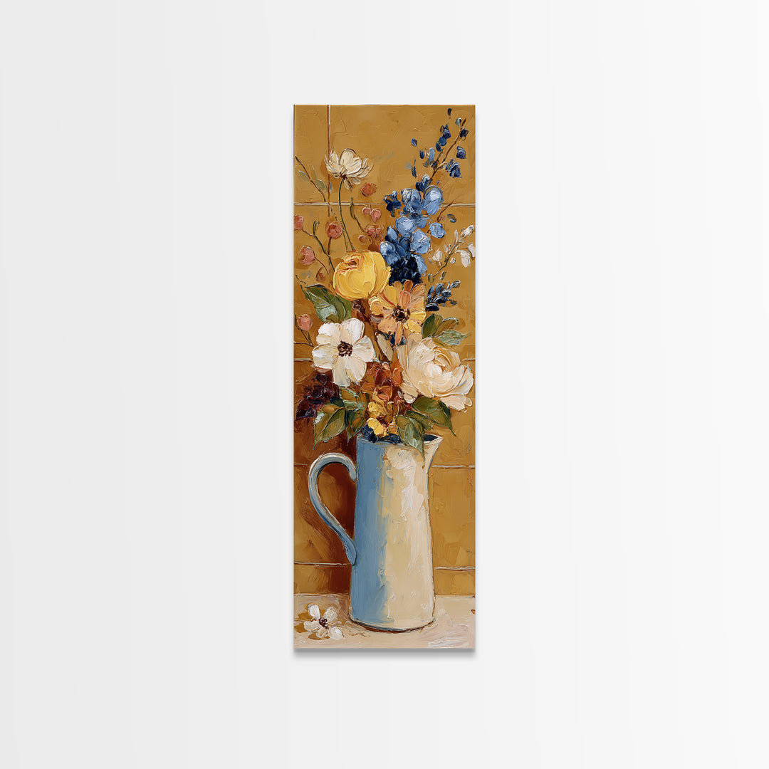 Floral Bouquet in a Kitchen Pitcher Framed Canvas Print, Kitchen Art, Printable Wall Art, Kitchen Decor, Oil Painting, Kitchen, KIT-1x3-84