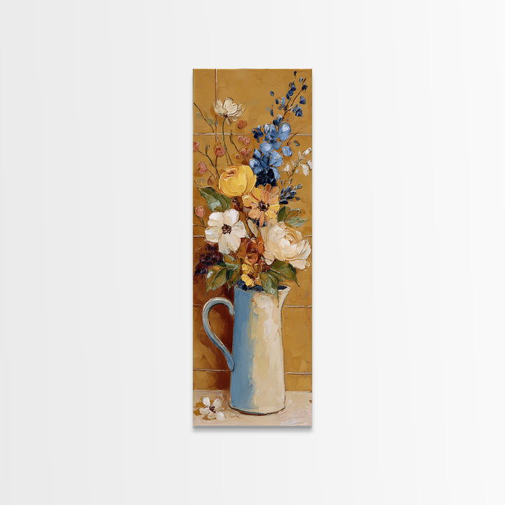 Floral Bouquet in a Kitchen Pitcher Framed Canvas Print, Kitchen Art, Printable Wall Art, Kitchen Decor, Oil Painting, Kitchen, KIT-1x3-84