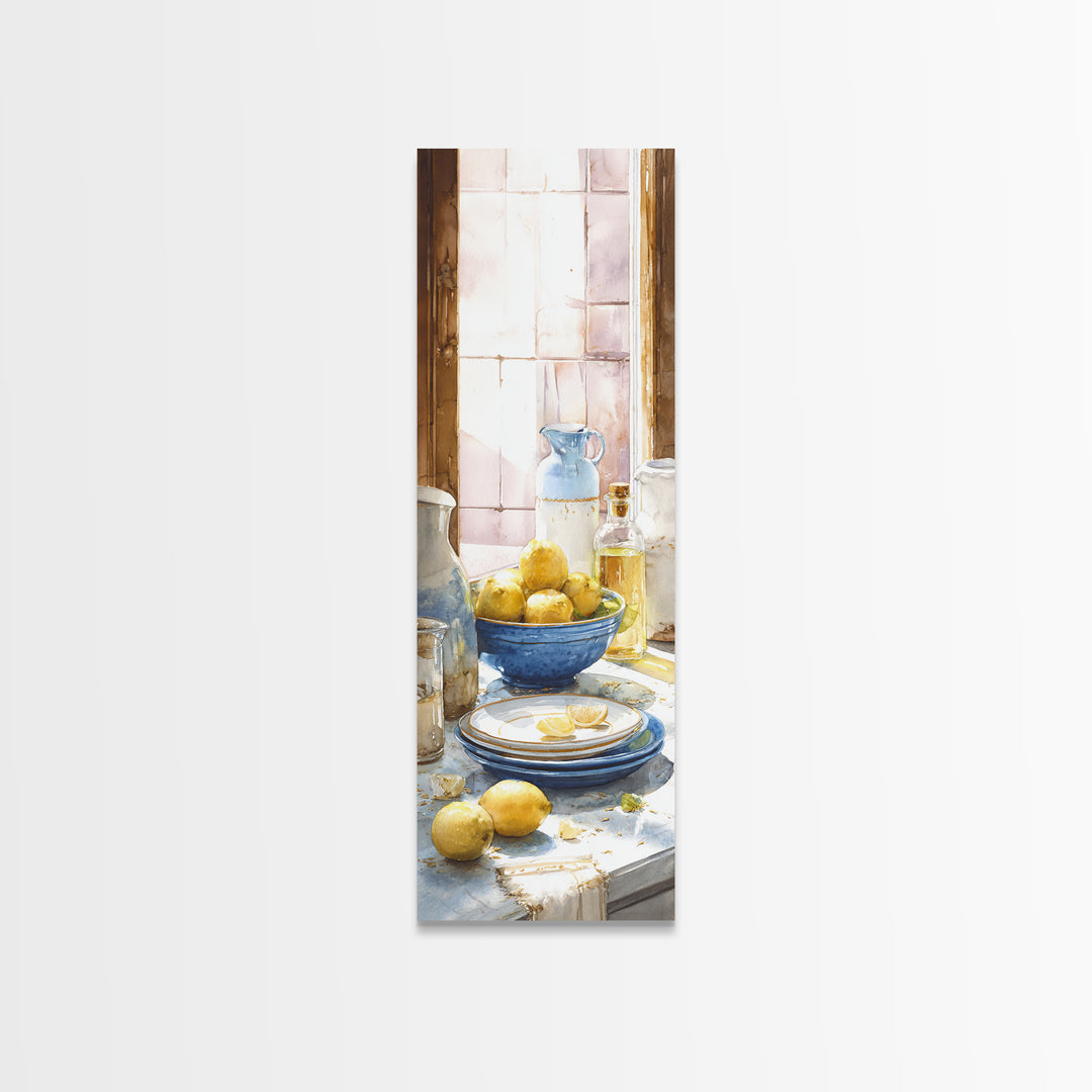 Lemons and Blue Ceramic Bowl Still Life Canvas Print, Kitchen Art, Luxury Decor, Kitchen Decor, Fine Art, Kitchen, Art Prints, KIT-1x3-86