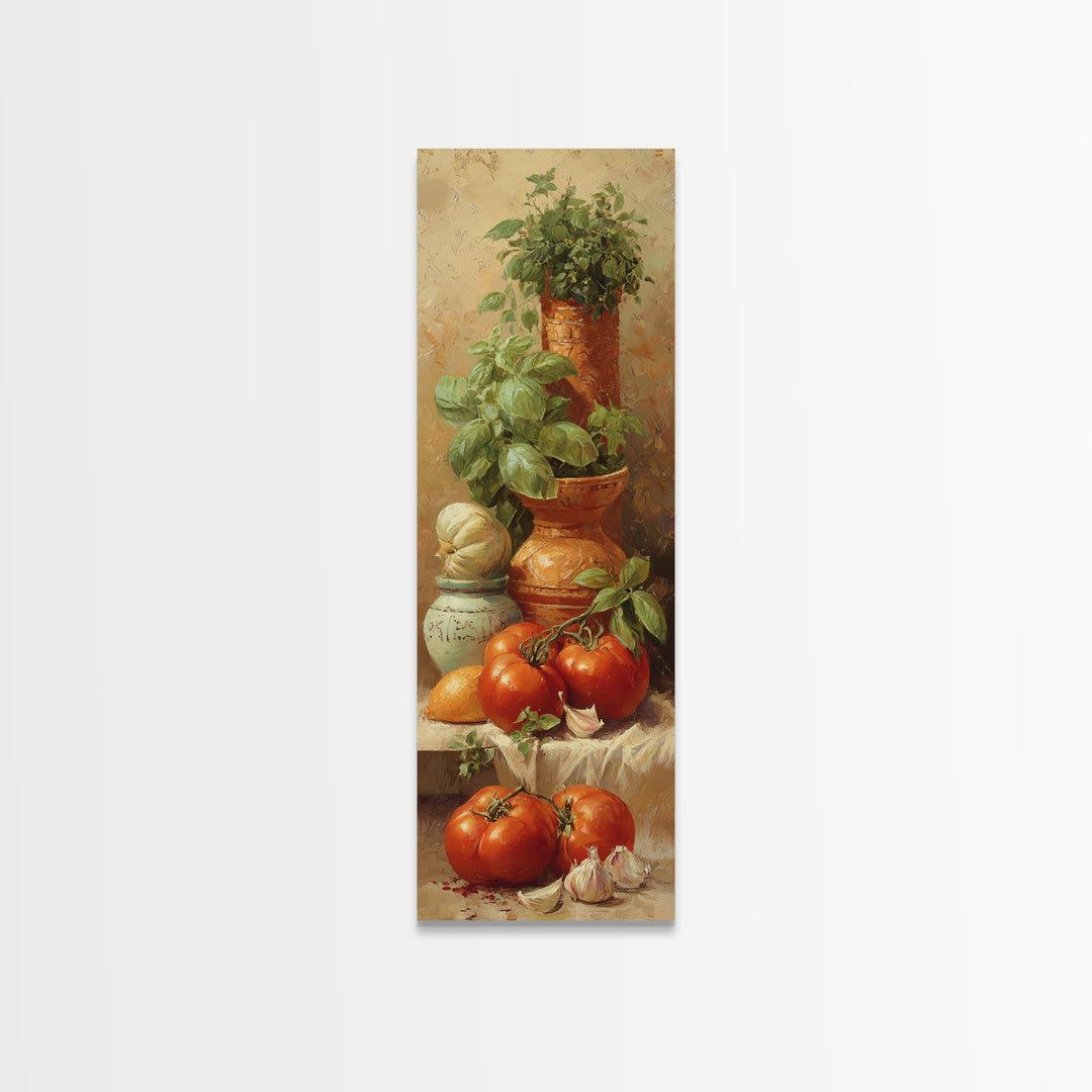 Tomatoes Garlic and Basil on Linen Framed Canvas Print, Kitchen Art, Trendy Wall Art, Kitchen Decor, Abstract Art, Kitchen, KIT-1x3-87