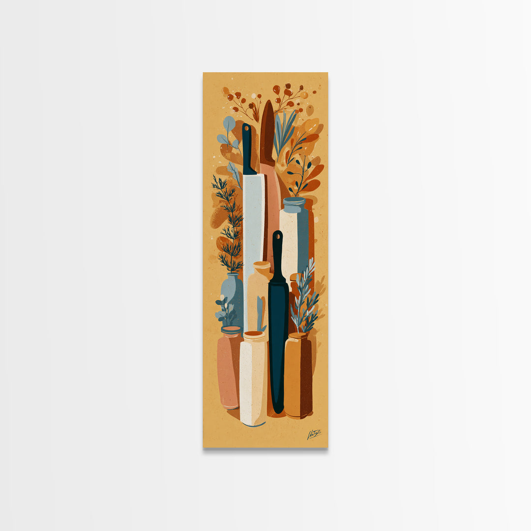 Chef Knives and Herbs Arranged as Graphic Canvas Print, Kitchen Art, Fine Art Print, Kitchen Decor, Fine Art, Kitchen, KIT-1x3-94
