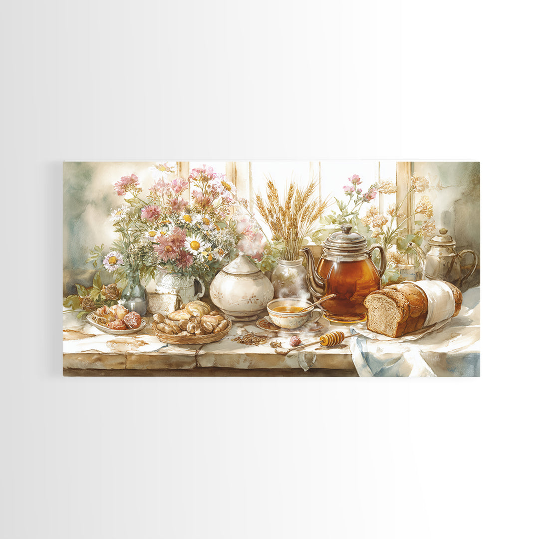 Tea Kettle with Steam and Wildflowers Framed Canvas Print, Kitchen Art, Art Print, Kitchen Decor, Watercolor Art, Kitchen, KIT-2x1-10
