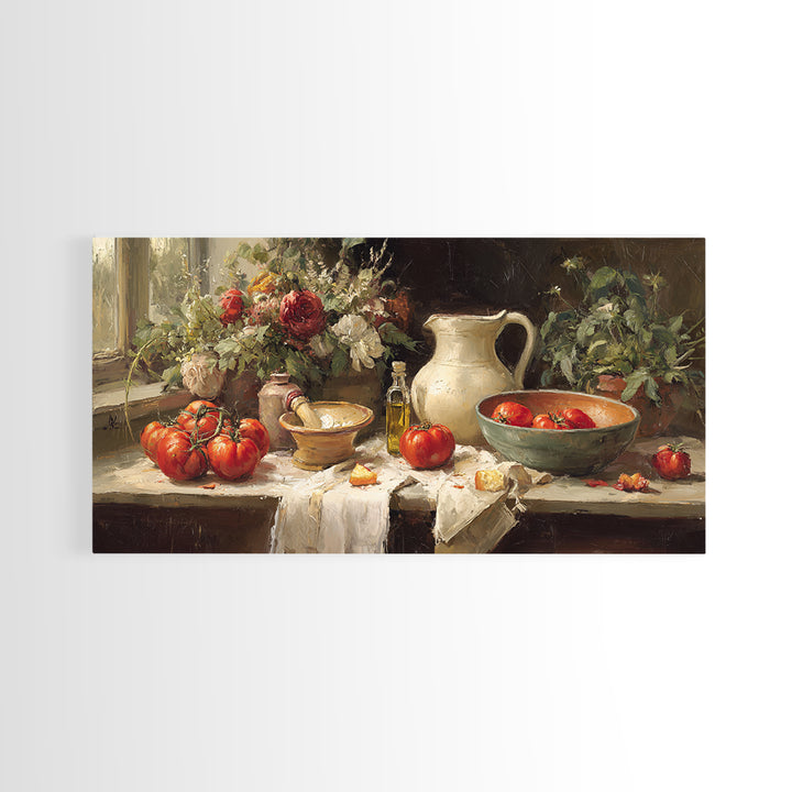 Floral Bouquet in a Kitchen Pitcher Framed Canvas Print, Kitchen Art, Statement Artwork, Kitchen Decor, Fine Art, Kitchen, KIT-2x1-20