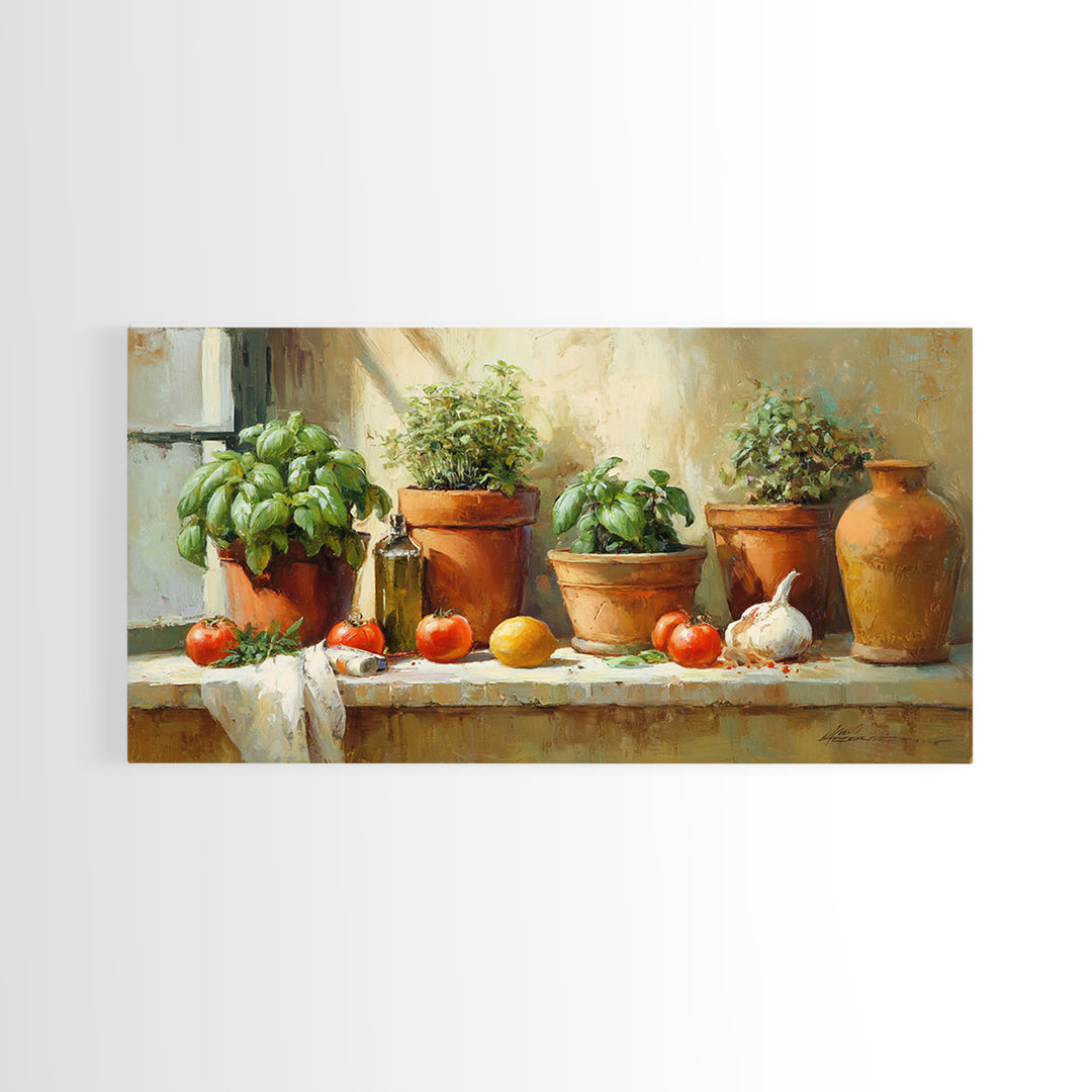 Fresh Herbs in Terracotta Pots Canvas Print, Kitchen Art, Wall Art, Kitchen Decor, Oil Painting, Kitchen, Kitchen Wall Art, KIT-2x1-21