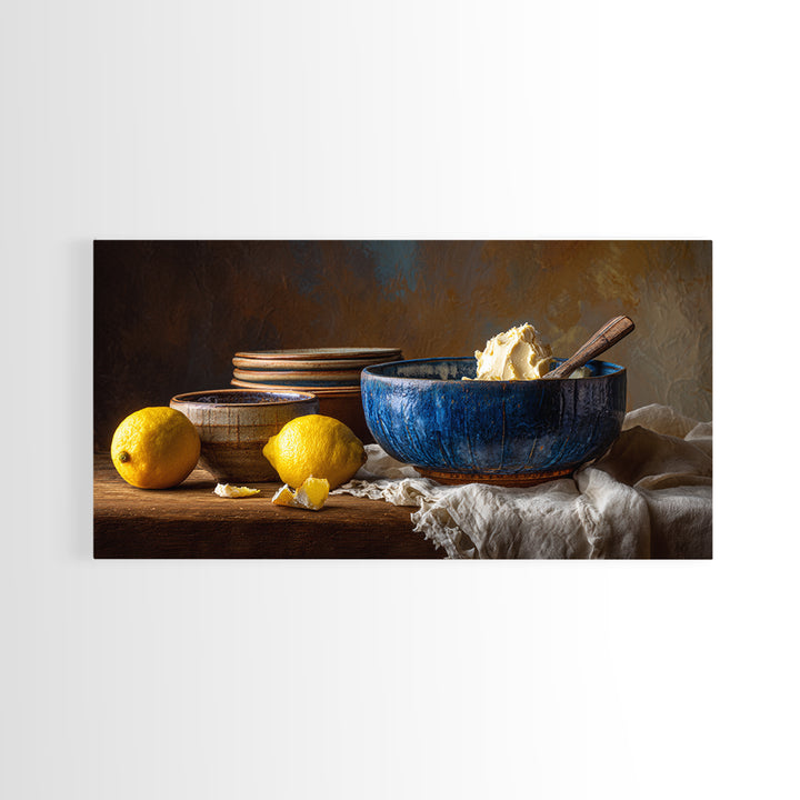 Lemons and Blue Ceramic Bowl Still Life Canvas Print, Kitchen Art, Boho Decor, Kitchen Decor, Fine Art, Kitchen, Wall Decor, KIT-2x1-22