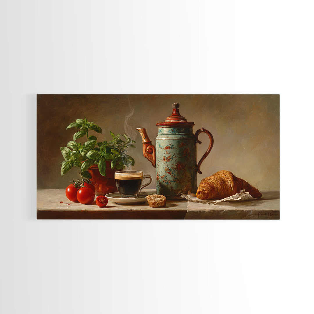Coffee Pot and Croissant Morning Still Life Framed Canvas Print, Kitchen Art, Fine Art Print, Kitchen Decor, Oil Painting, KIT-2x1-27