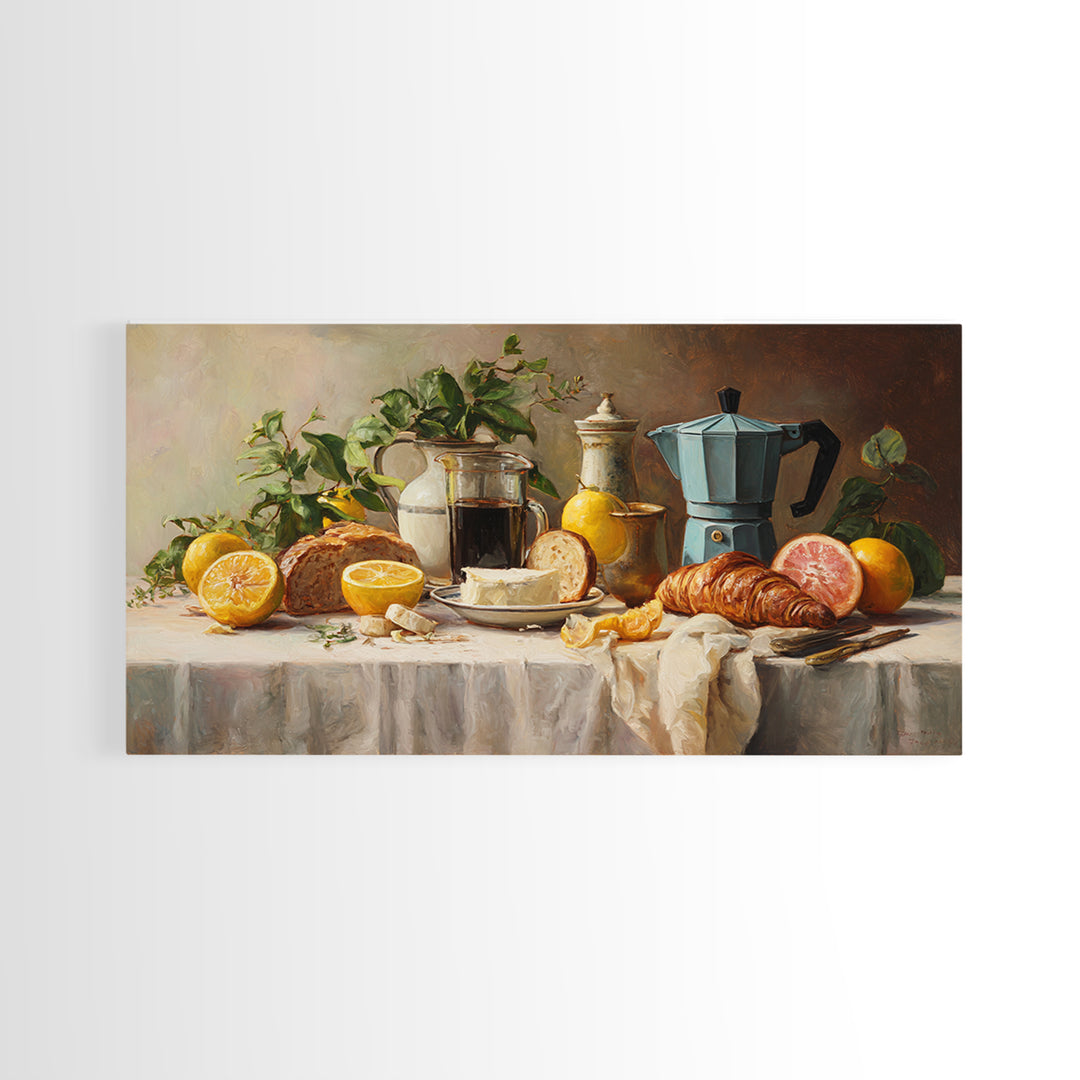 Coffee Pot and Croissant Morning Still Life Framed Canvas Print, Kitchen Art, Art Deco, Kitchen Decor, Fine Art, Kitchen, KIT-2x1-3