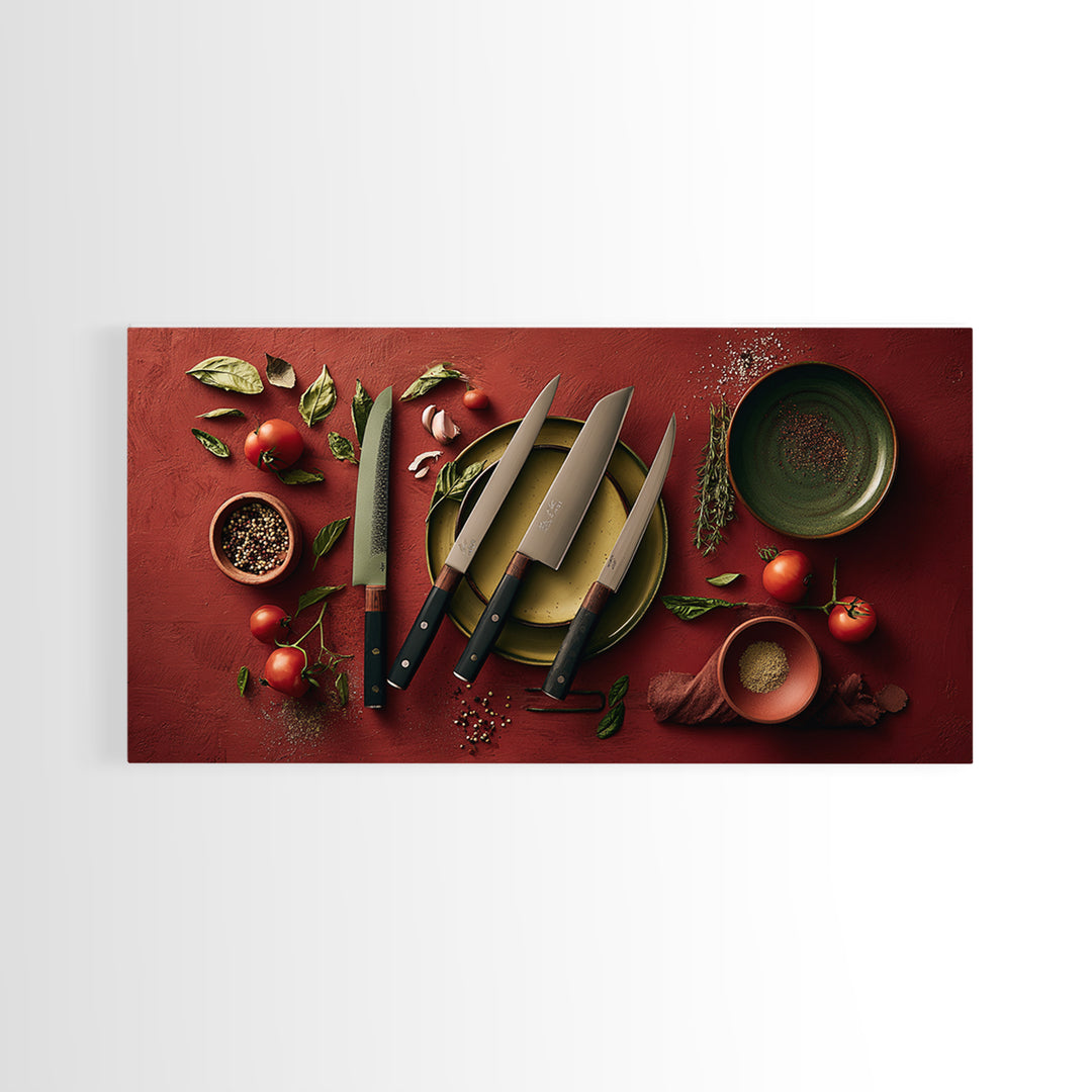 Chef Knives and Herbs Arranged as Graphic Framed Canvas Print, Kitchen Art, Luxury Decor, Kitchen Decor, Fine Art, Kitchen, KIT-2x1-30