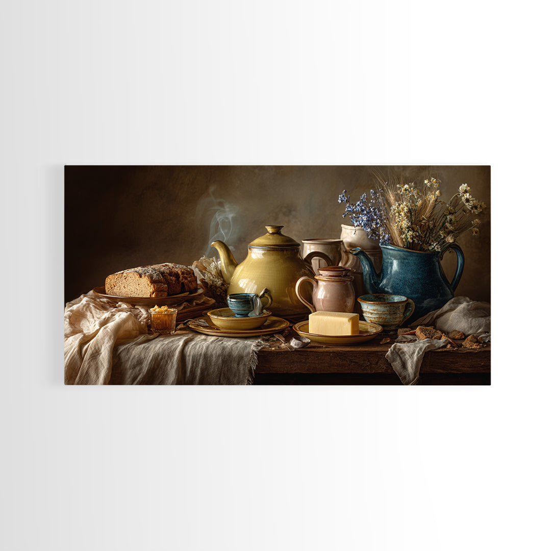 Tea Kettle with Steam and Wildflowers Framed Canvas Print, Kitchen Art, Art Print, Kitchen Decor, Watercolor Art, Kitchen, KIT-2x1-34