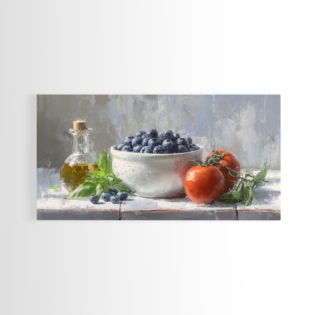 Blueberries in a White Bowl Canvas Print, Kitchen Art, Wall Decor, Kitchen Decor, Oil Painting, Kitchen, Kitchen Wall Decor, KIT-2x1-39