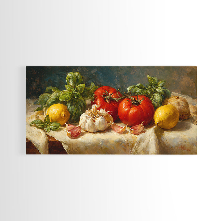 Tomatoes Garlic and Basil on Linen Canvas Print, Kitchen Art, Kitchen Decor, Abstract Art, Kitchen, Trendy Wall Art, KIT-2x1-47