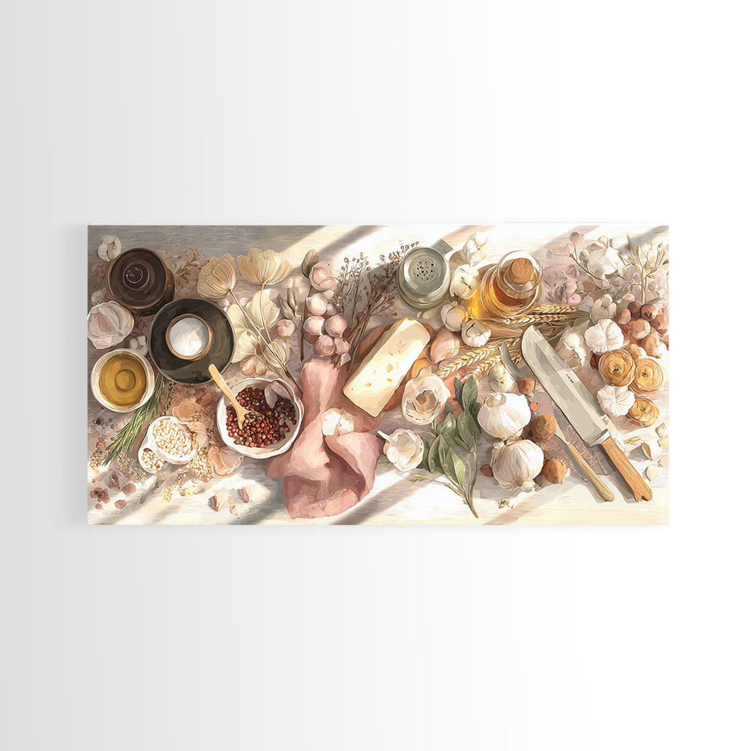 Chef Knives and Herbs Arranged as Graphic Canvas Print, Kitchen Art, Contemporary Art, Kitchen Decor, Fine Art, Kitchen, KIT-2x1-54