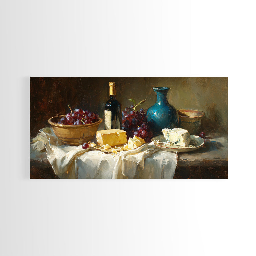 Wine Bottle Grapes and Cheese Still Life Framed Canvas Print, Kitchen Art, Prints, Kitchen Decor, Kitchen, Kitchen Wall Decor, KIT-2x1-56