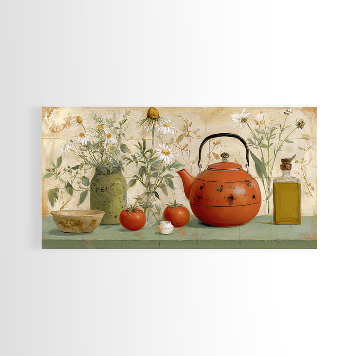 Tea Kettle with Steam and Wildflowers Canvas Print, Kitchen Art, Wall Art, Kitchen Decor, Watercolor Art, Kitchen, KIT-2x1-58