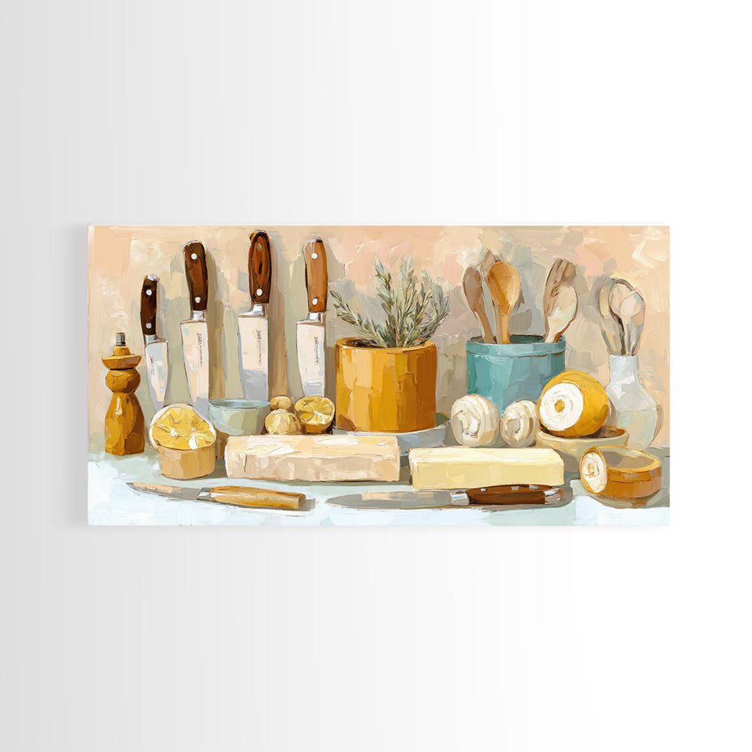 Chef Knives and Herbs Arranged as Graphic Framed Canvas Print, Kitchen Art, Luxury Decor, Kitchen Decor, Fine Art, Kitchen, KIT-2x1-6