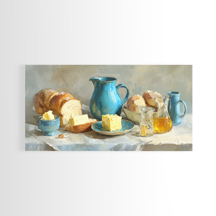 Fresh Bread with Butter and Honey Canvas Print, Kitchen Art, Room Decor, Kitchen Decor, Oil Painting, Kitchen, Digital Art, KIT-2x1-62